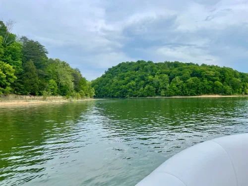 Calm lake with forested hills