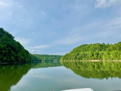 Tree-lined channel reflected in glassy water